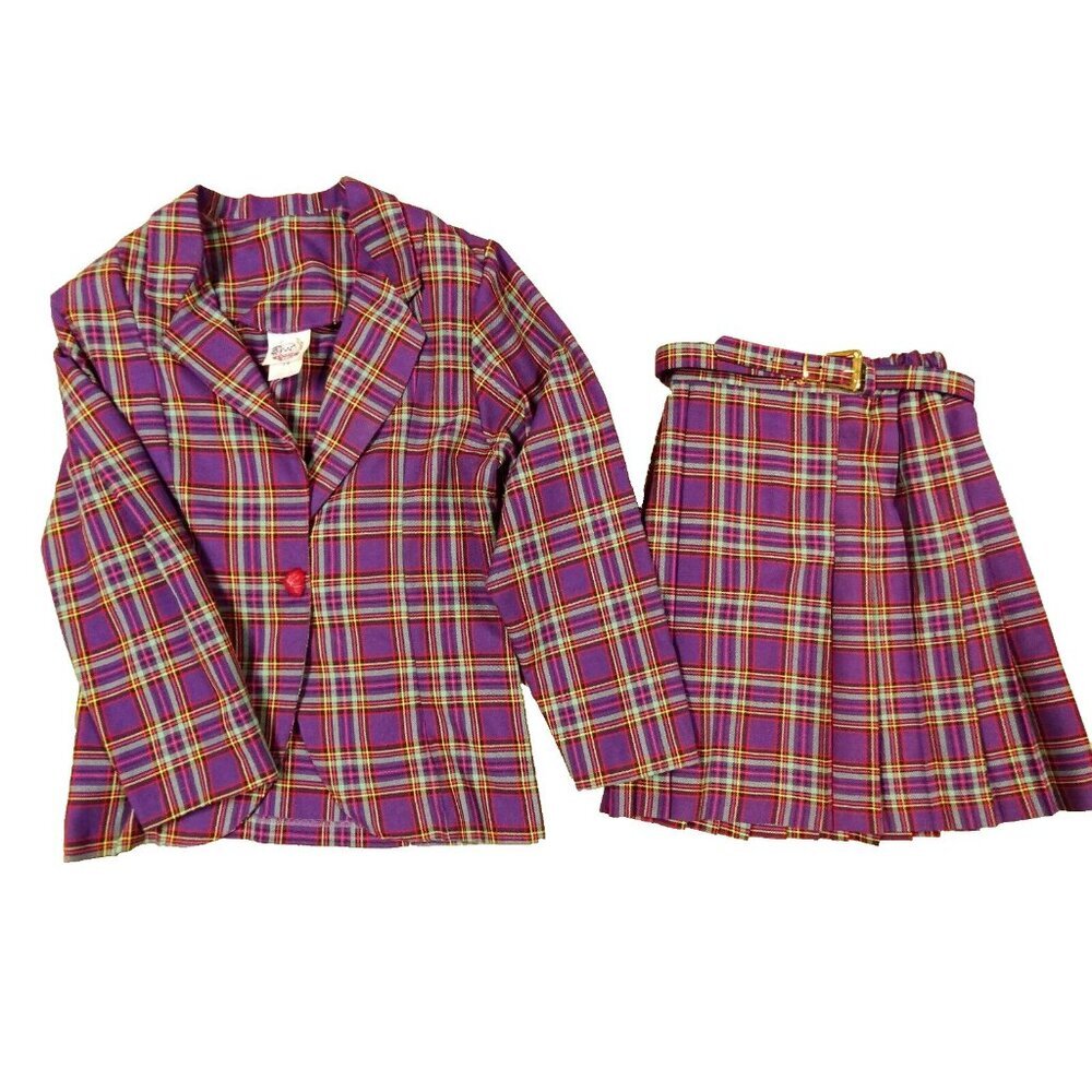 Vintage Lannie Purple Plaid Tartan Blazer and Matching Pleated Skirt Youth Sz 14